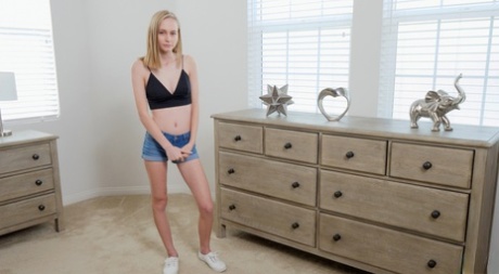 Young blonde Alicia Williams bangs her stepbrother on his bed in POV mode