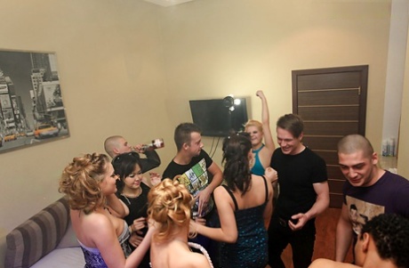 Lusty coeds having lesbian fun and getting fucked at the sex party