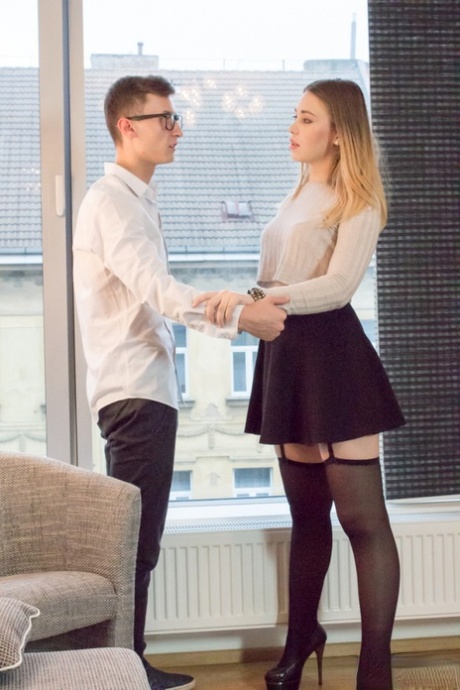 Beautiful young Russian traveler seduces her host with blowjob & couch sex