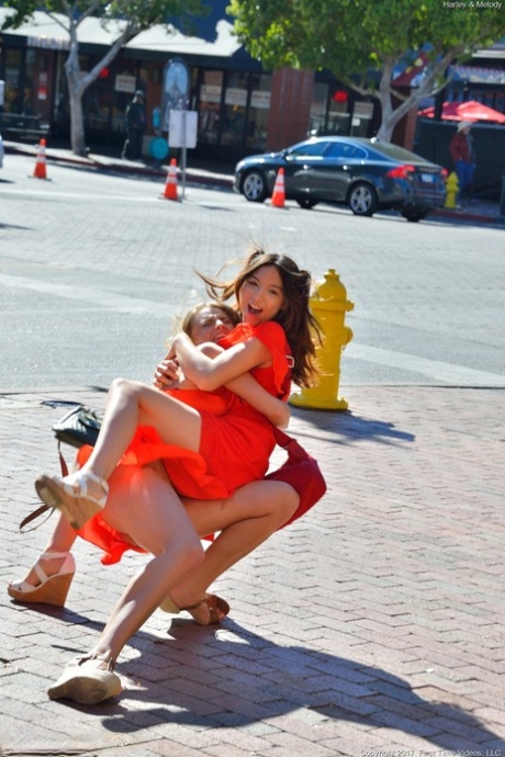 Harley and Melody in red are lesbians doing dirty things in public and home