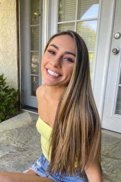 Charming teen Mackenzie Mace shows her irresistible trimmed pussy up close